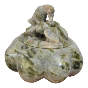 Late 20th Century Hand Carved Green Soapstone Bird on Leaves Trinket Box 3" Tall Stone Rustic Decor