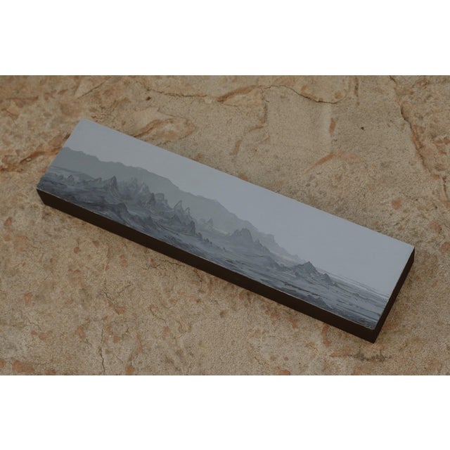 Abstract Panpandemic by Todd Carpenter | Oil on Board Landscape with mountains and a gray sky For Sale - Image 3 of 3