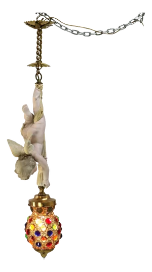 Early 20th Century French Gilt Bronze, Brass & Bisque Figural Cupid Pendant Light & Jeweled Shade