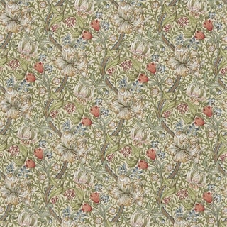 Morris & Co Golden Lily Fabric in Multi Green on Stone For Sale