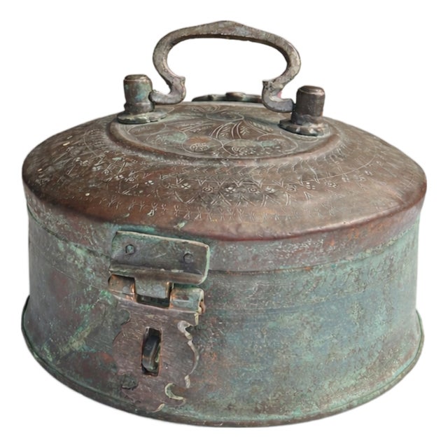 Vintage Verdigris Brass Lidded Box With Etched Detail For Sale