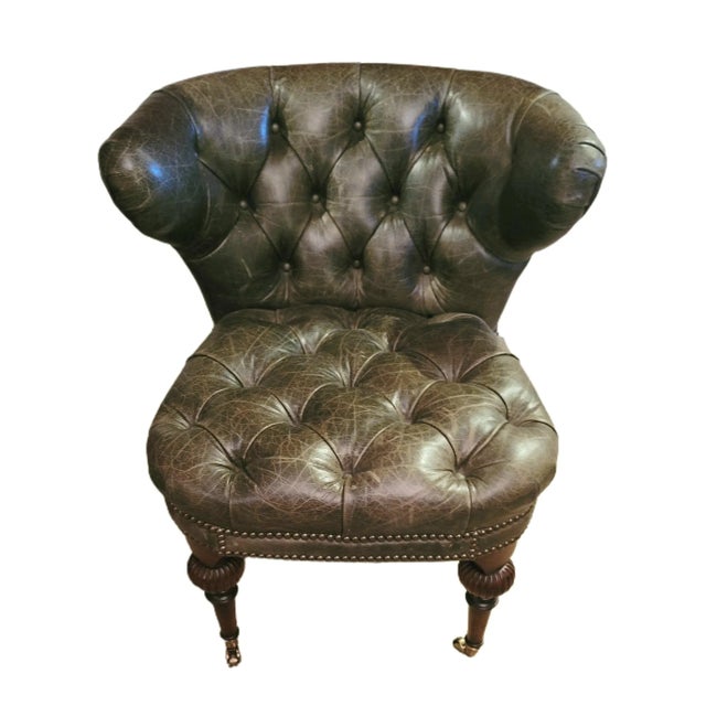 Victorian Late 20th Century Victorian Style Tufted Leather Cockfighting Chair For Sale - Image 3 of 7