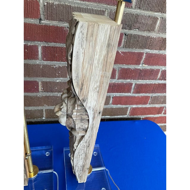 Pair Antique Carved Oak Architectural Fragment Table Lamps W/ Lucite Bases For Sale - Image 12 of 12