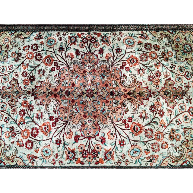 Vintage Persian Qum Area Rug, Hand-Knotted Silk, Floral Pattern, Ivory & Navy, 3x5 For Sale - Image 17 of 18