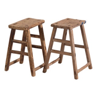 Antique Stools in Elm, 1900s, Set of 2 For Sale