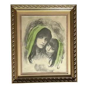 1970’s Vintage Lithograph of Mother and Daughter Signed & Numbered Framed