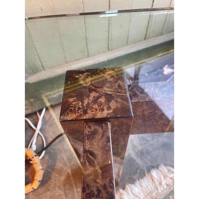1970s Burl-Wood Veneer and Glass Milo Baughman Style Coffee Table For Sale In New York - Image 6 of 7