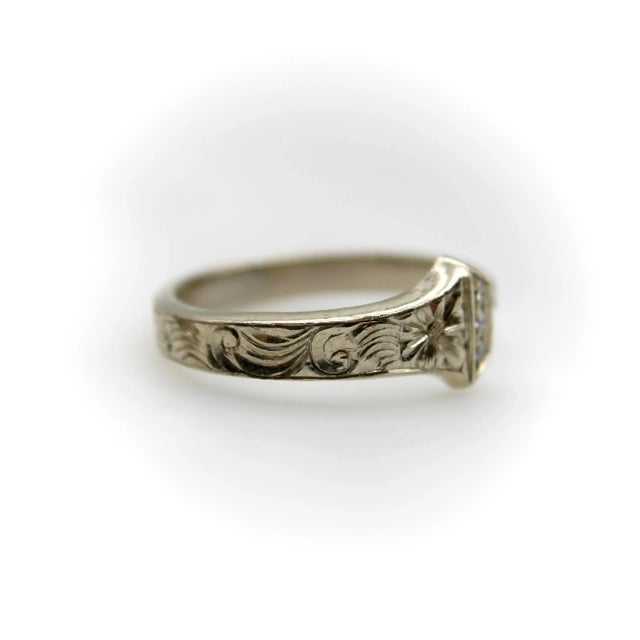14k White Gold Hand Engraved Lucky Nail Ring With Diamonds Size 7 For Sale In Los Angeles - Image 6 of 8