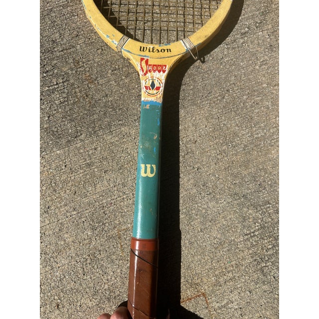 Collection of Vintage Wooden Wilson Tennis Rackets With Cover and Blue and Yellow Accents For Sale In Atlanta - Image 6 of 9