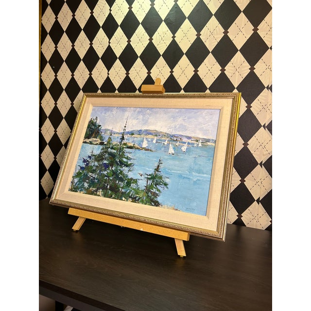 Impressionist Coastal Harbor Oil Painting With Sailboats, Framed 24" Signed Eileen Kelly For Sale - Image 12 of 15
