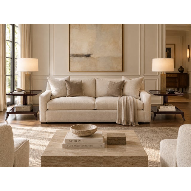 A sophisticated pair of two-tier side tables designed by Barbara Barry for Baker Furniture, combining architectural...