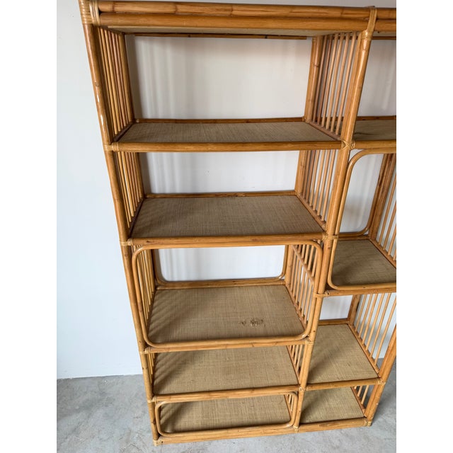 Large- Vintage Coastal Rattan Bookcase Étagère With Cane Shelves For Sale - Image 10 of 12