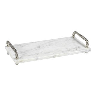 Marble Serving Tray with Woven Metal Handles For Sale