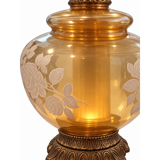 Vintage Etched Amber Glass Rose Urn Lamp With Illuminated Base and Pleated Shade For Sale - Image 9 of 10