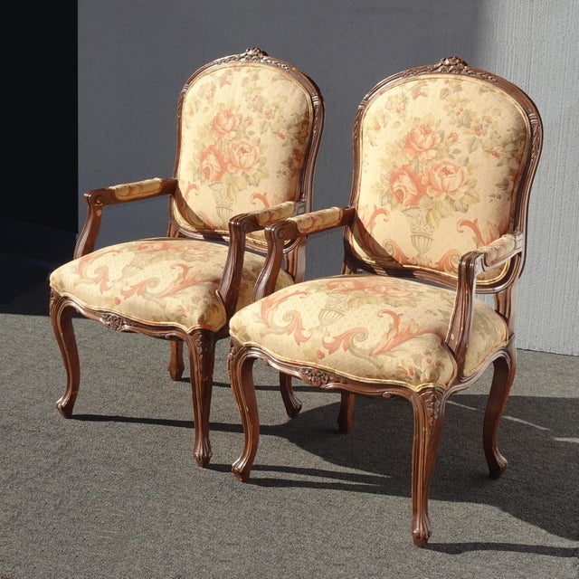 French Pair Vintage French Louis XVI Style Brown Floral Side Chairs For Sale - Image 3 of 12