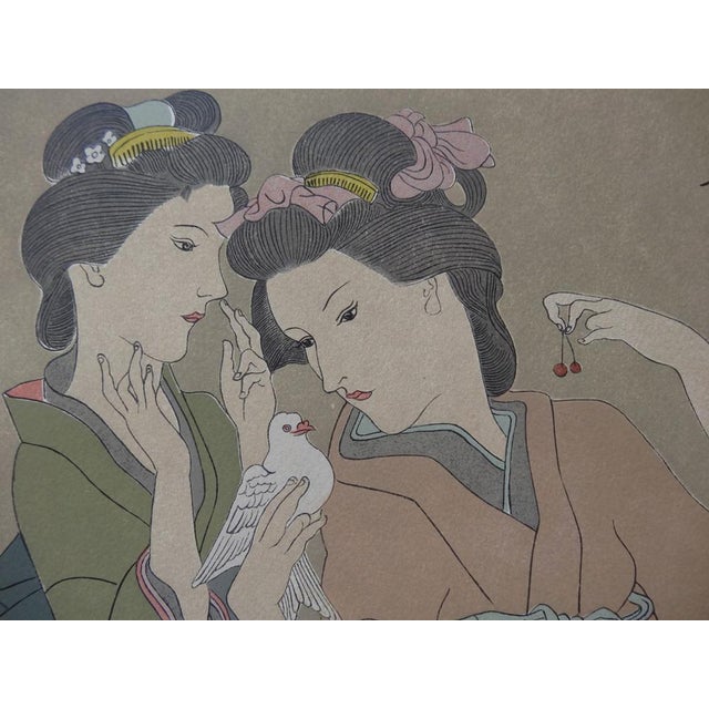 Tsuguharu (leonard) foujita geishas with doves wood engraved on japanese paper signed in the plate on japanese paper 37 x...