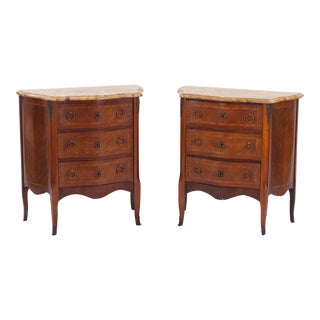Pair 19th/20th C. French Louis XV-style Marble Top and Parquetry Inlaid Nightstands For Sale