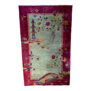 Vintage Art Deco Nichols Style Chinese Rug Textile in Fuchsia and Green With Pagoda Motif 4' X 6' For Sale