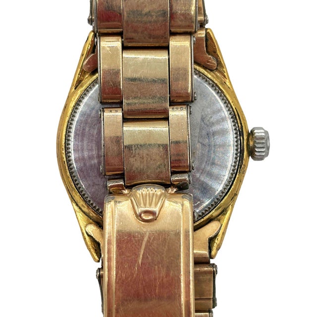 Metal 1947 Rolex Oyster Bubbleback “Elegante” Gold-Plated Wristwatch W California Dial For Sale - Image 7 of 10