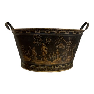 Vintage Black Metal Bucket Painted in Gold Chinoiserie Pattern. For Sale
