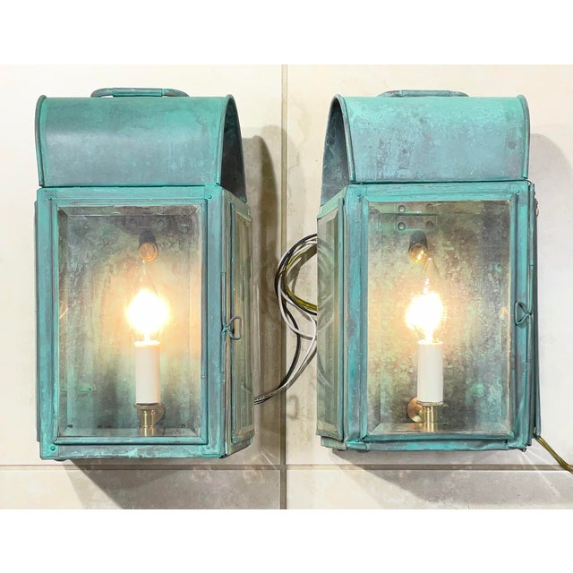 Pair of Antique Verdigris Copper Wall Lanterns – Converted & Electrified For Sale - Image 9 of 17