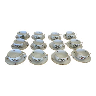 Herand Rothschild Bird Complete Set of 12 Flat Cup & Saucer Set Porcelain Ro / 724 Made in Hungary - Set of 24 For Sale
