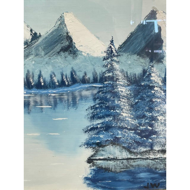 Vintage Framed Snow-Capped Mountain Lake Landscape Painting, Signed, Blue Tonal Scenic Wall Art.. For Sale - Image 9 of 9
