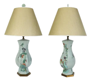 Pair of Painted Botanical Celadon Ceramic Lamps on Brass Base