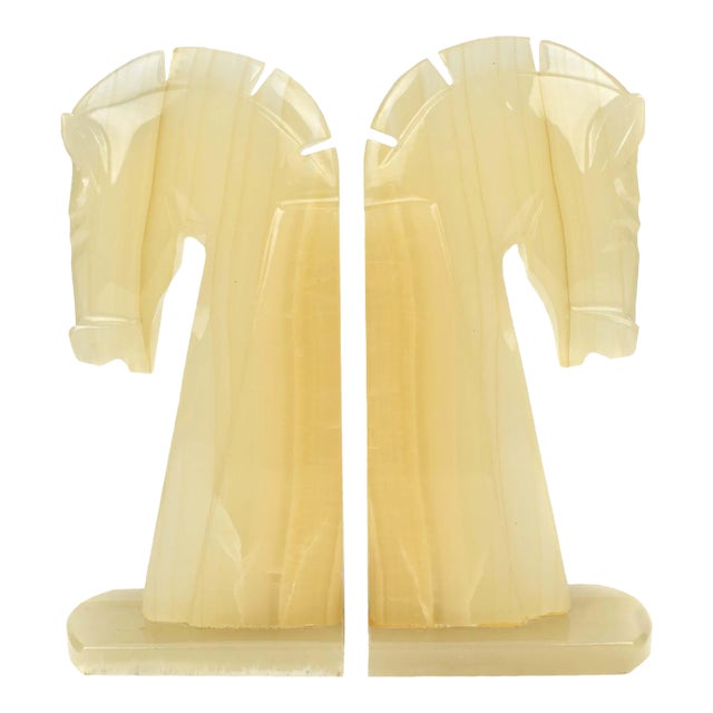 Mid 20th Century Carved Onyx Stone Horse Head Bookends - a Pair For Sale