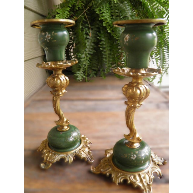 Antique Ornate Brass & Etched Enamel Baroque Rococo Revival Candle Holders For Sale - Image 4 of 8