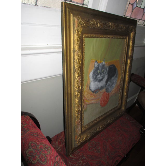Vintage Signed Oil on Canvas Board Persian Cat on Pillow in Antique Frame 30x26 For Sale - Image 4 of 12
