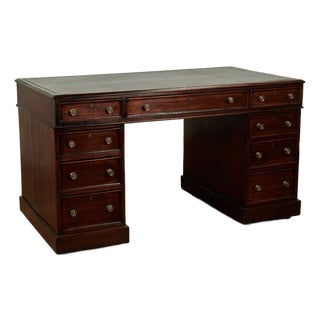 Antique English Double Pedestal Leather Top Desk For Sale