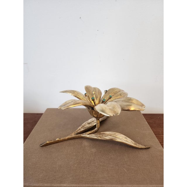 Metal Vintage Italian Gilt Brass Flower Candle Holder Hollywood Regency Floral Centerpiece Gold Metal Lily Sculpture Decor For Sale - Image 7 of 16
