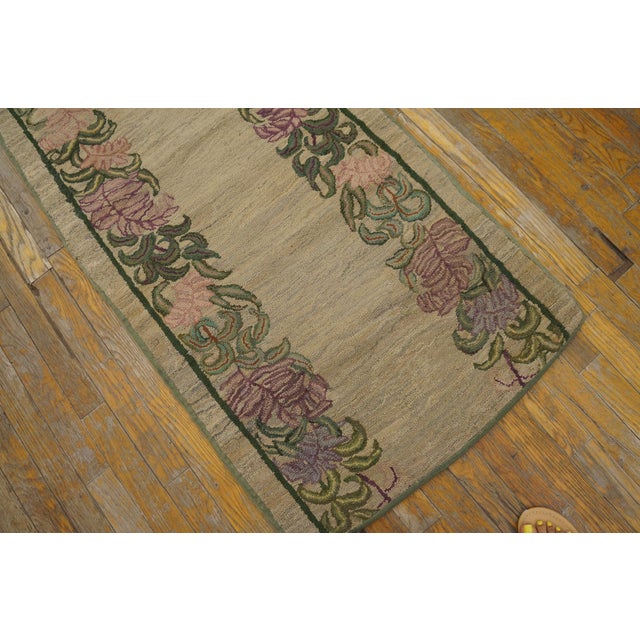 1930s Tan Ecru Floral Folk Art Antique American Hooked Rug 2'2" X 19' Handknotted Wool Carpet For Sale - Image 17 of 18