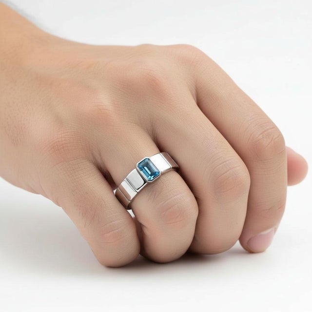 SIlver, Gold Round Topaz Ring For Men's. Mens Solitaire Topaz Ring. Emerald Cut Topaz Ring. Metal: 925 silver plus 14k...