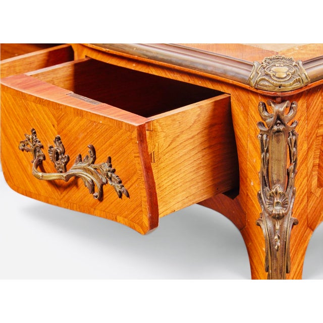 Wood French Louis XV Parquetry & Gilt-Bronze Leather-Top Bureau Plat, Circa 1900 For Sale - Image 7 of 8
