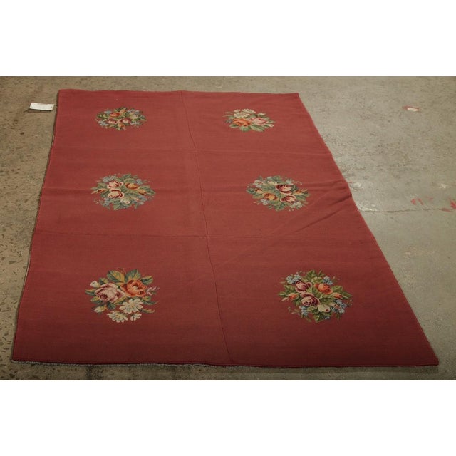Red Handmade Antique Needlepoint Rug in Red With Medallion Floral Patterns For Sale - Image 8 of 8