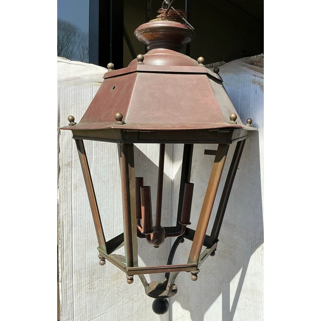 French Mid 20th Century French Large Scale Hexagon Copper / Cast Iron & Brass Three Light Lanterns - Pair For Sale - Image 3 of 11