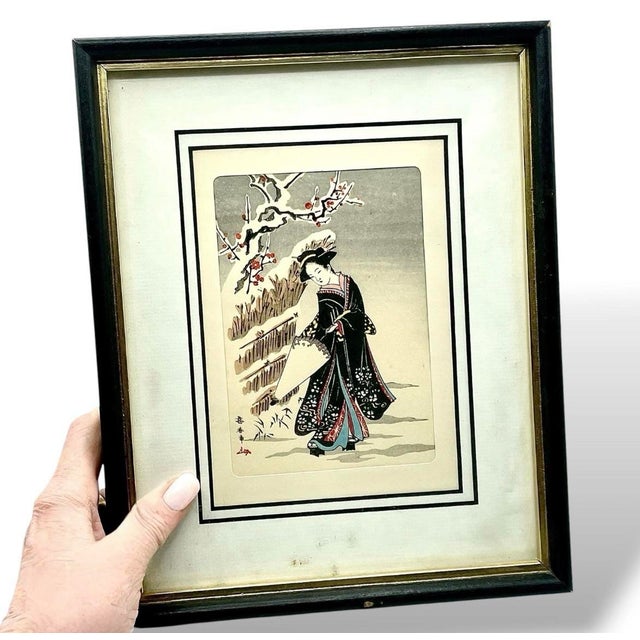 Wood Vintage Japanese Woodblock Print Uchida Art Company Kyoto Geisha in Snow Framed For Sale - Image 7 of 7