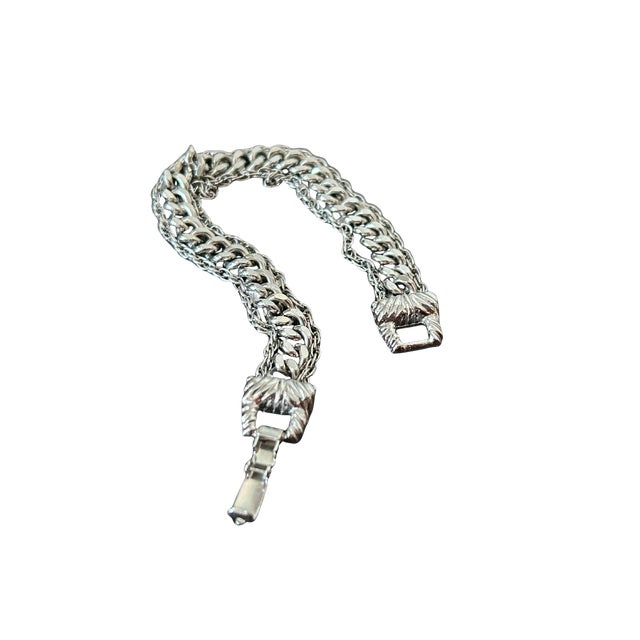 Silver Vintage Goldette Nyc Silver-Tone Double Curb Link Bracelet With Figural Clasp | Victorian Revival Costume Jewelry | 1950s–1970s For Sale - Image 8 of 10