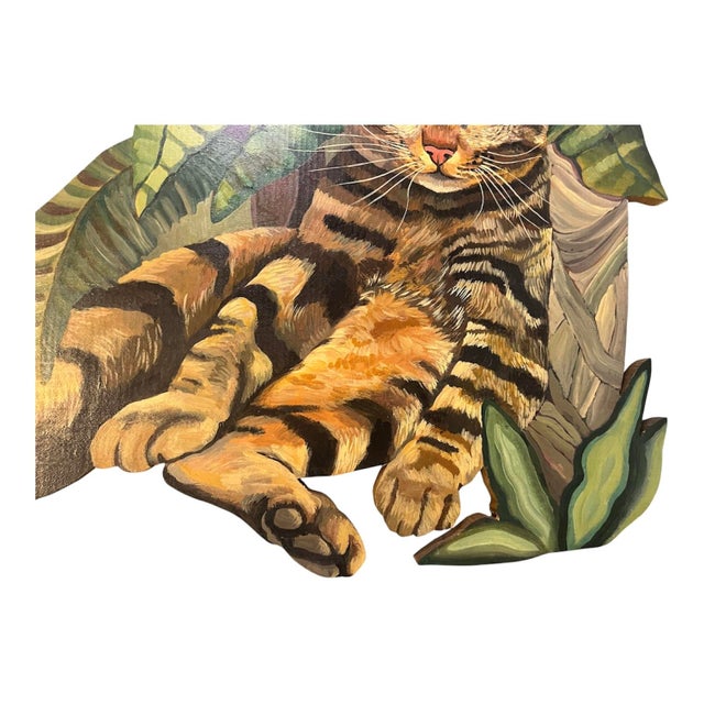 American Vintage Original Painting Tabby Cat With Plants For Sale - Image 3 of 6