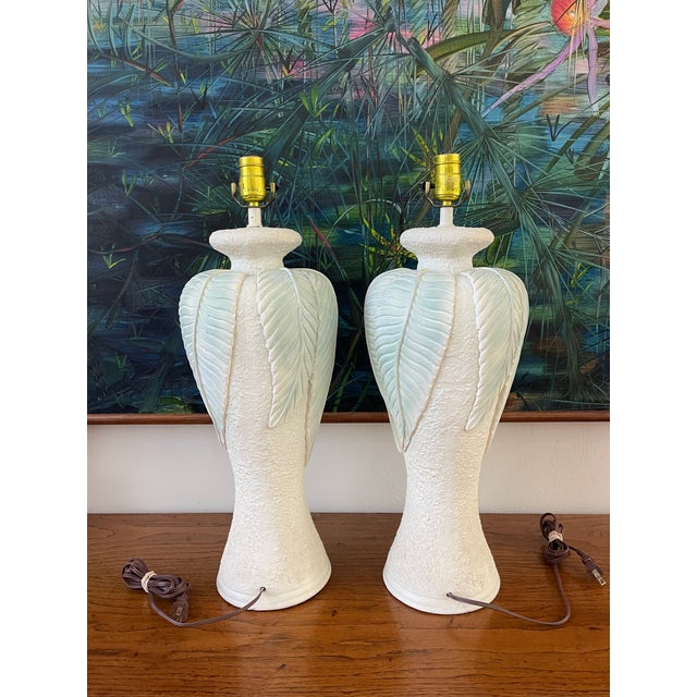Sculpture Materials Vintage Sculptural Plaster Leaf Relief Table Lamps, Textured White Organic Modern Hollywood Regency 23.5” - A Pair For Sale - Image 7 of 12
