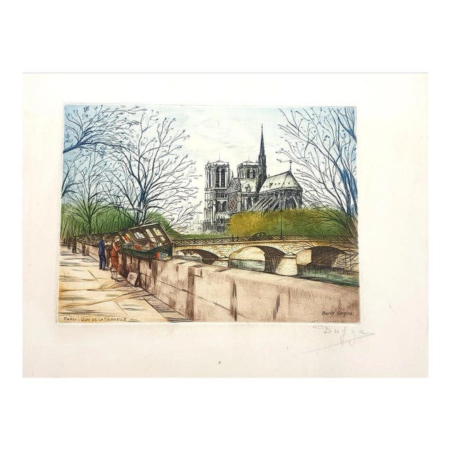 Dufza, Paris, Quai De La Tournelle, Etching Hand Signed, 1940s For Sale