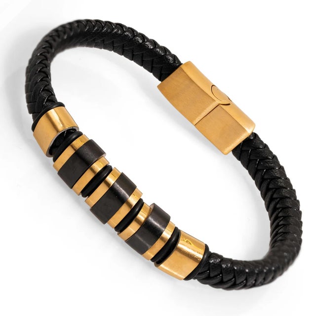Modern Men's Style Fashion Black Leather & Gold Bracelet For Sale - Image 3 of 7