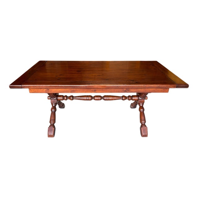 1970s Solid Wood Trestle X Brace Leg Table For Sale