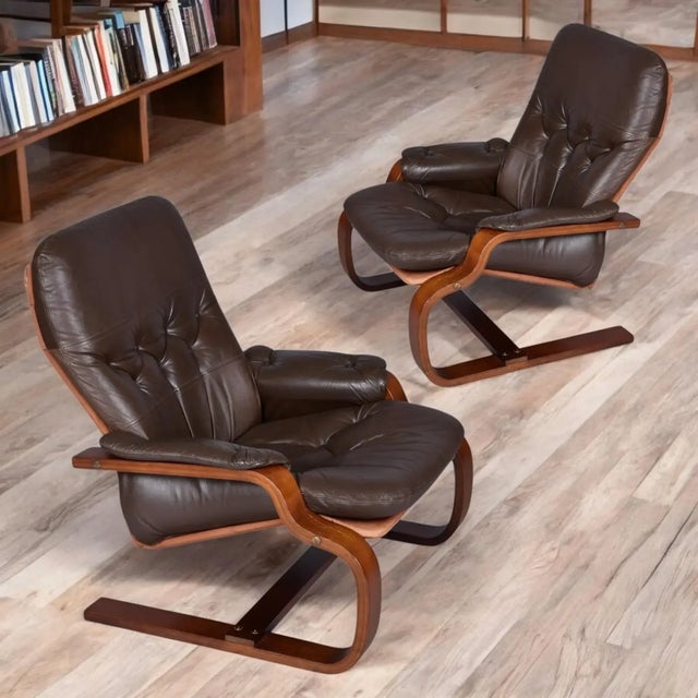 Pair of Brown Leather Scandinavian Cantilever Bentwood Sling Chairs For Sale - Image 9 of 13