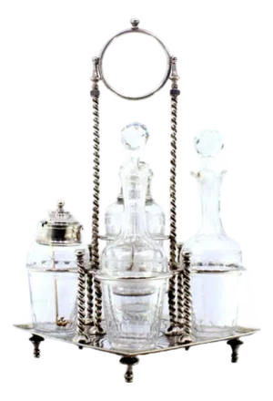 Silver and Glass Cruet Set with Scrollwork, Salt Shaker, Pepper Shaker and Mustard Shaker, Set of 6