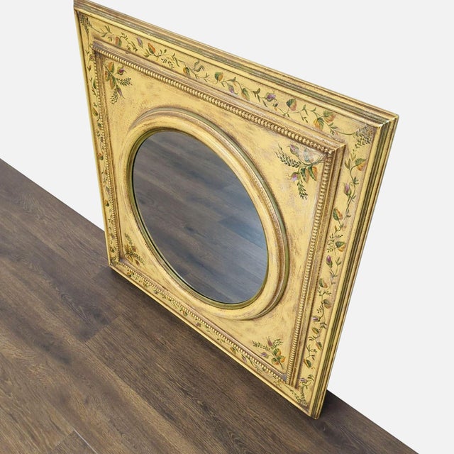 Handmade and hand painted antiqued wood mirror. Brand: Roma Moulding. Dimensions (in): 35W x 2D x 35H.