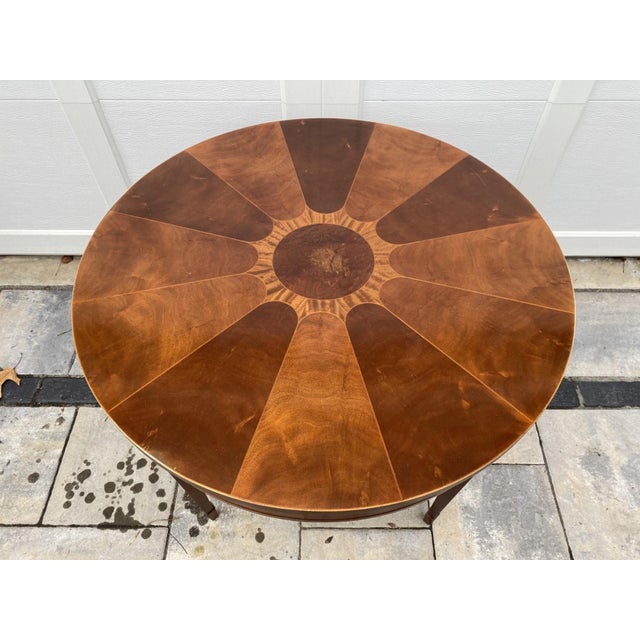 Baker Furniture Company Mid 20th Century Vintage Baker Round Sunburst Flame Mahogany Banded and Inlaid Center Hall Table For Sale - Image 4 of 11