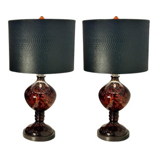 Early 20th Century Postmodern Hand Blown Glass Lamps, Nymphalis Pattern in Amber & Brown Colors. Black Faux-Reptile Print Lamp Shades, Set of 2 For Sale